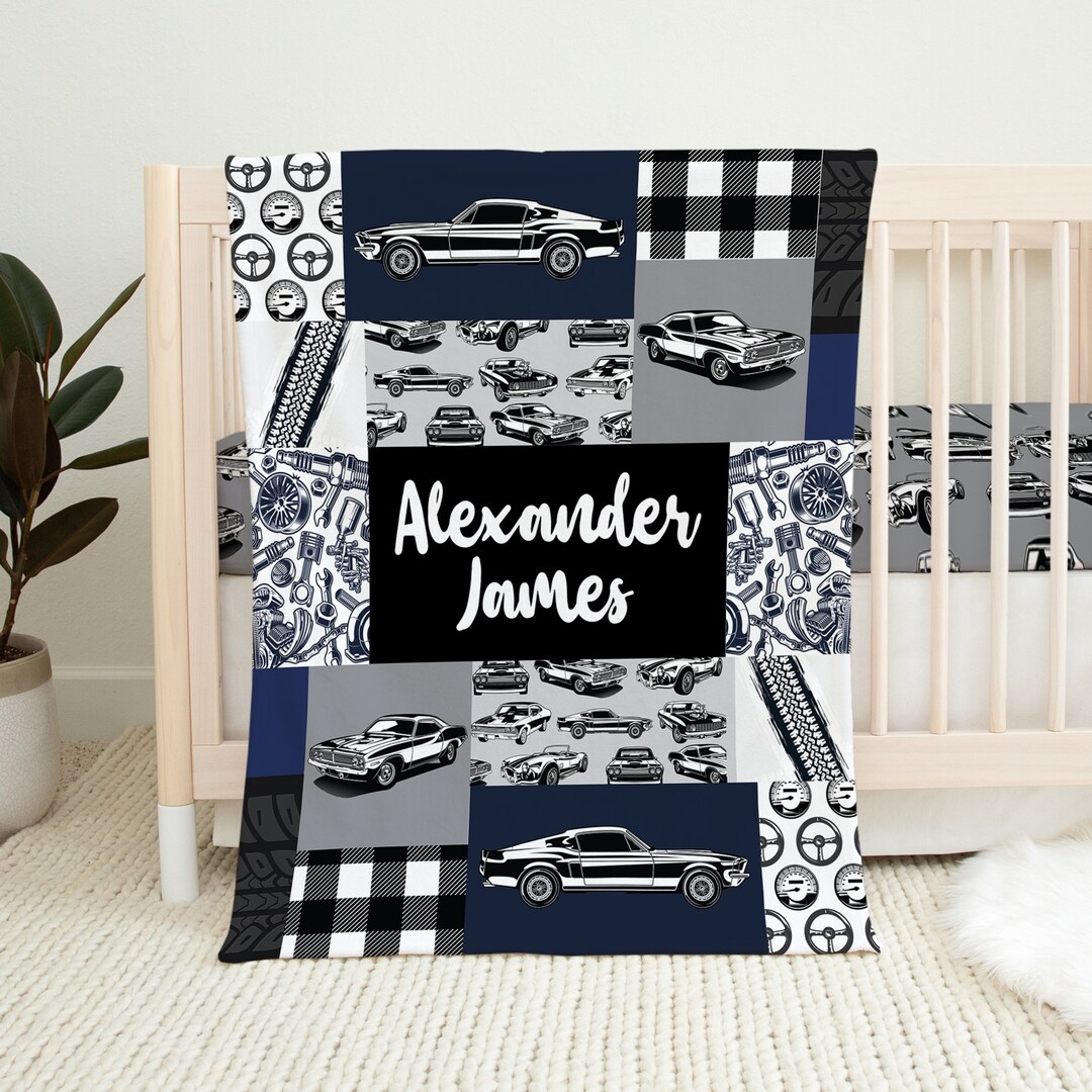 Blue Car Theme Nursery Crib Quilt - 33x42 Inch Baby Boy Comforter, 65% Cotton 35% Polyester