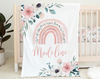 Manta arcoíris para bebé, manta personalizada para niña, regalo para baby shower, manta floral rosa para bebé, ropa de cama arcoíris para cuna, manta bohemia para bebé.