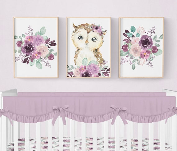 Owl Nursery Prints Purple Floral Nursery Prints Woodland Nursery