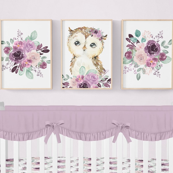 Owl Nursery Prints, Purple Floral Nursery Prints, Woodland Nursery Decor, Owl Nursery Decor, Set of 3 Prints, Baby Girl Nursery Prints