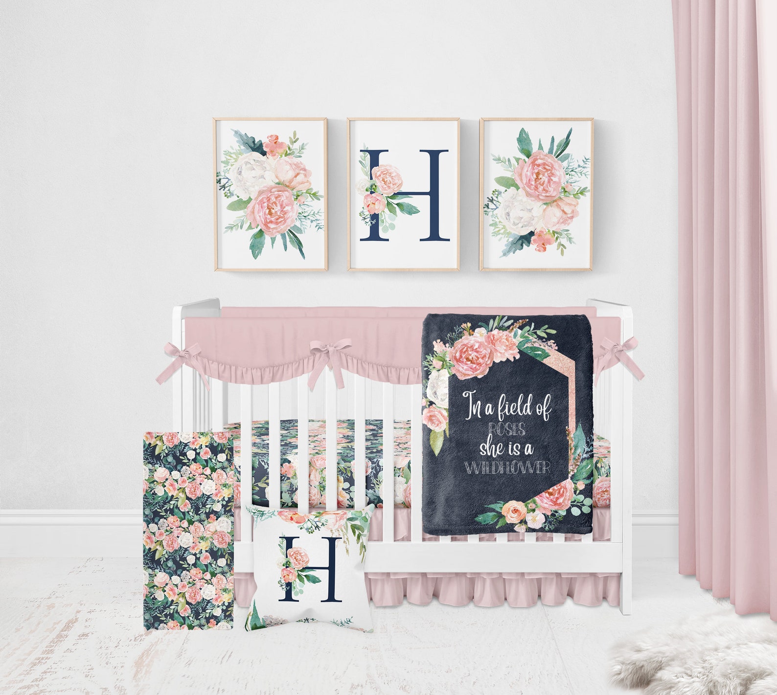 Navy Floral Crib Sheet Navy and Blush Pink Floral Crib Etsy