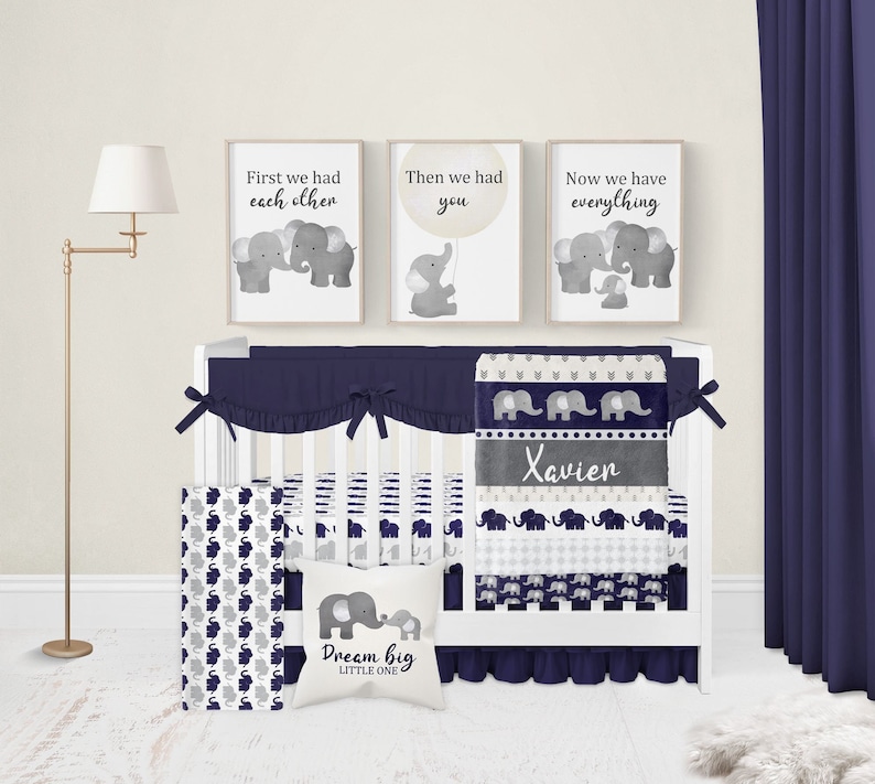 Baby Boy Crib Bedding Set Elephant Crib Bedding Set Boy Navy Etsy