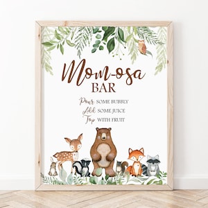 Insegna bar Momosa, Insegna bar Mimosa per baby shower nel bosco, Insegna bar Mimosa per baby shower nel bosco stampabile, Decorazioni per baby shower per bambini, Insegna bar Mom-osa WS1