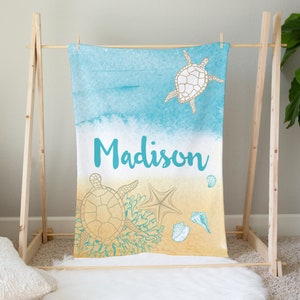 Personalized Beach Baby Blanket, Baby Name Blanket, Sea Turtle Nursery Ocean Blanket, Baby Shower Gift, Ocean Crib Bedding Baby Girl Blanket