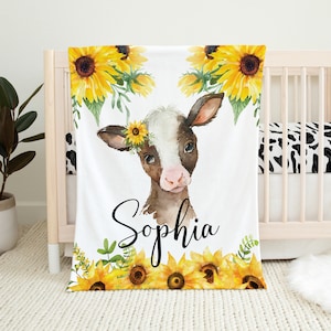 Personalized Baby Girl Blanket, Cow Baby Blanket, Baby Shower Gift, Cow Crib Bedding, Sunflower, Floral Girl Crib Bedding, Farm Baby Blanket