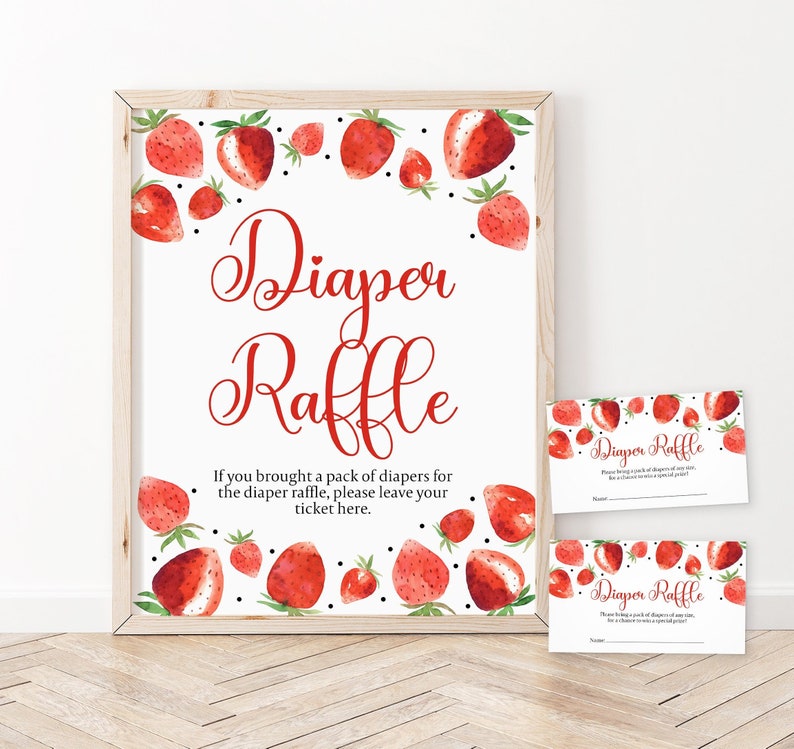 Baby Shower Diaper Raffle Sign and Raffle Tickets, Strawberry Baby ...