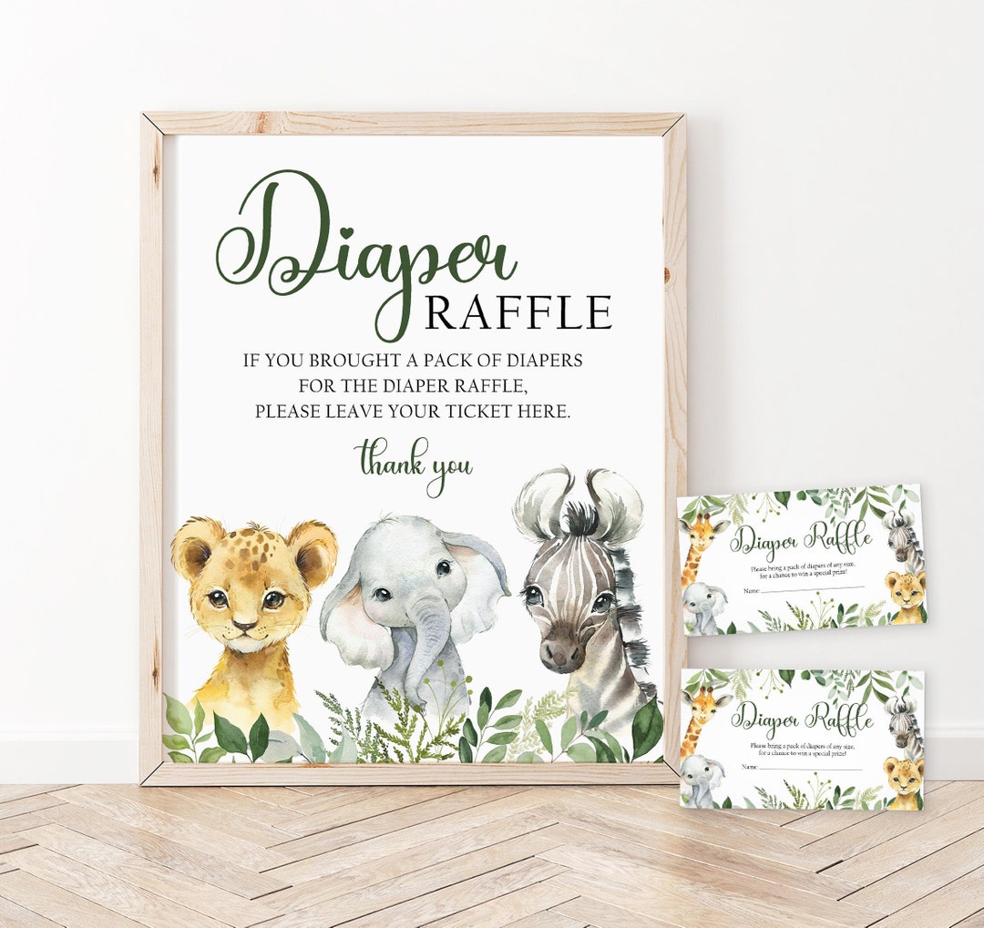 Diaper Raffle Tickets and Sign, Printable Safari Baby Shower Game, Baby ...