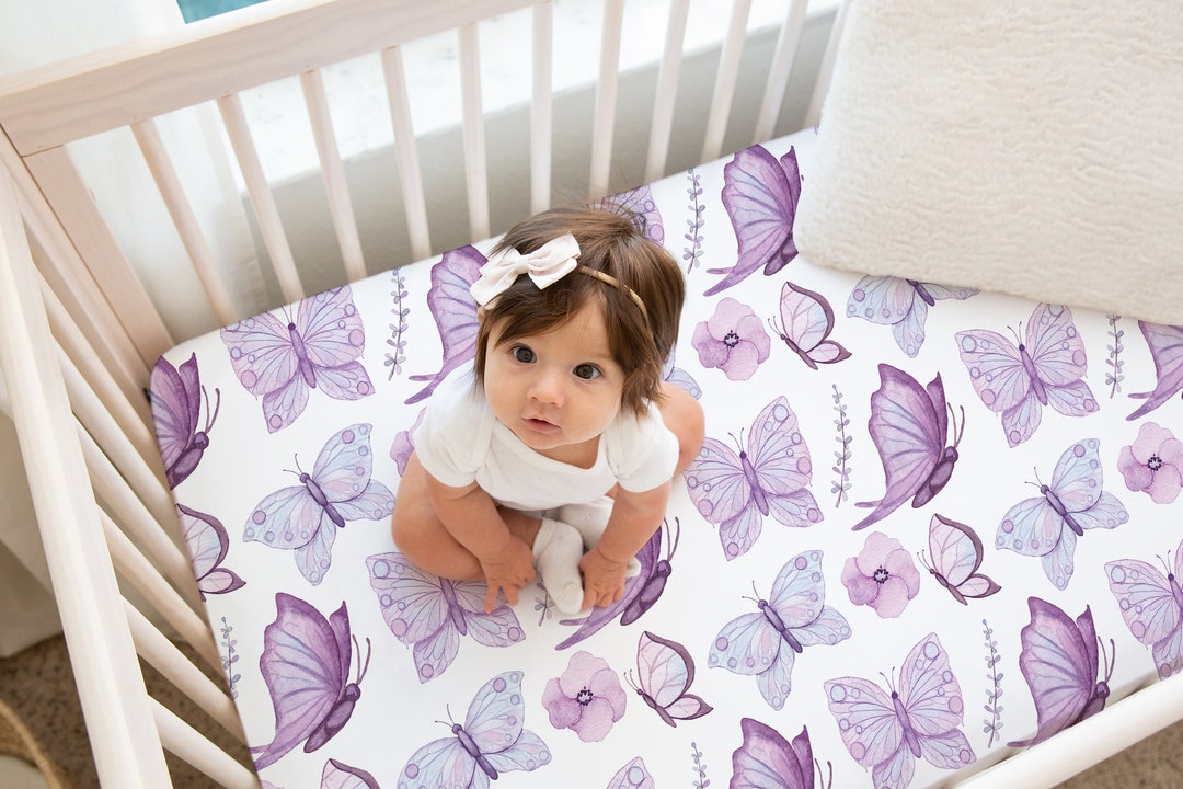 Purple Butterfly Crib Sheet, Butterfly Crib Bedding, Crib Sheets Girl