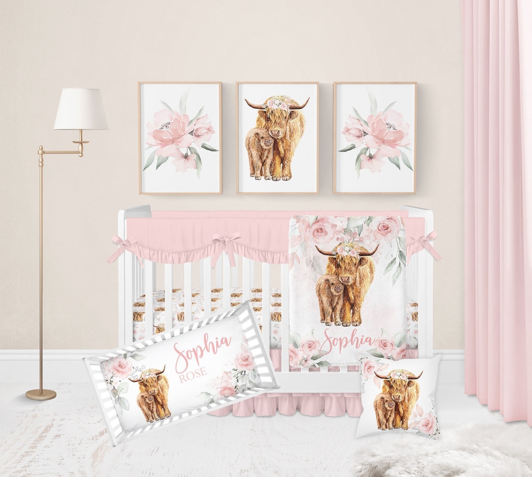 Baby Girl Crib Bedding Set, Highland Cow Crib Bedding, Highland Cow Nursery Bedding Set, Pink