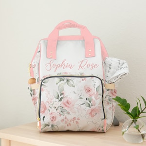 Custom Diaper Bag, Girl Diaper Bag Backpack, Baby Shower Gift, Pink Floral Diaper Bag Multiuse Backpack, Personalized Baby Bag, New Mom Gift image 2
