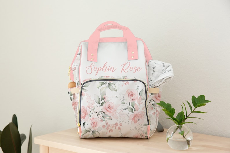 Custom Diaper Bag, Girl Diaper Bag Backpack, Baby Shower Gift, Pink Floral Diaper Bag Multiuse Backpack, Personalized Baby Bag, New Mom Gift image 2