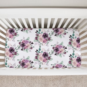 Purple Floral Crib Sheet, Floral Girl Crib Bedding, Floral Nursery, Watercolor Floral Crib Sheet, Baby Girl Crib Bedding, Purple Nursery