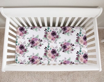 Purple Floral Crib Sheet, Floral Girl Crib Bedding, Floral Nursery, Watercolor Floral Crib Sheet, Baby Girl Crib Bedding, Purple Nursery