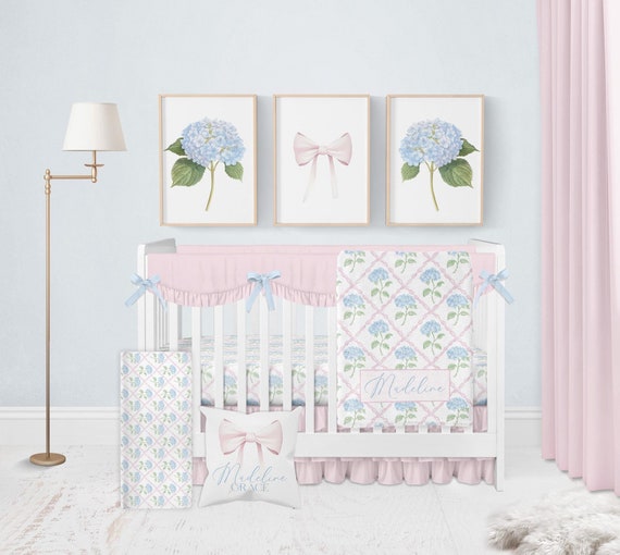 Baby Girl Crib Bedding Set Pink Crib Bedding Girl Chic Grandmillenial Bedding Crib Sets Girl Heirloom Bow Blue Hydrangea Nursery Decor Etsy