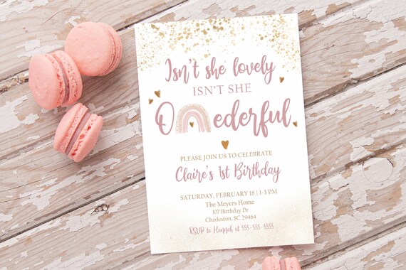 Modern Rainbow First Birthday Invitation, Editable Onederful Invite, Girls Birthday Invitation, Boho Rainbow Birthday Invitation Template