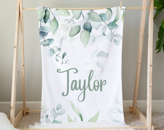 Eucalyptus Baby Blanket, Personalized Baby Blanket, Gender Neutral Baby Blanket, Greenery Nursery, Custom Baby Girl Blanket Baby Boy Blanket