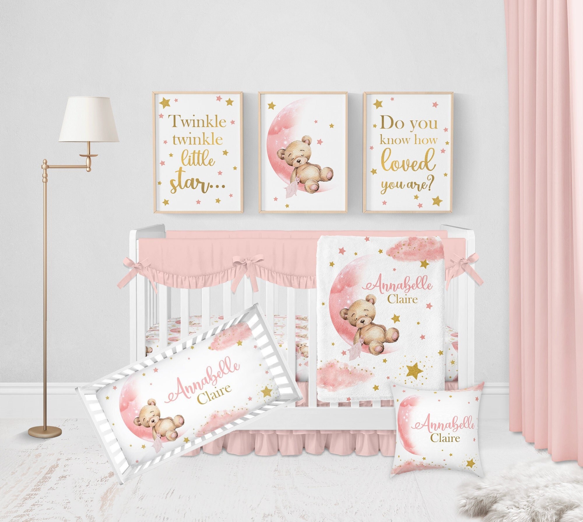 Parure de lit pour lit de bébé ours en peluche fille, literie bébé fille,  literie pour chambre d'enfant ours en peluche rose, parure de lit pour lit  de bébé lune, draps pour