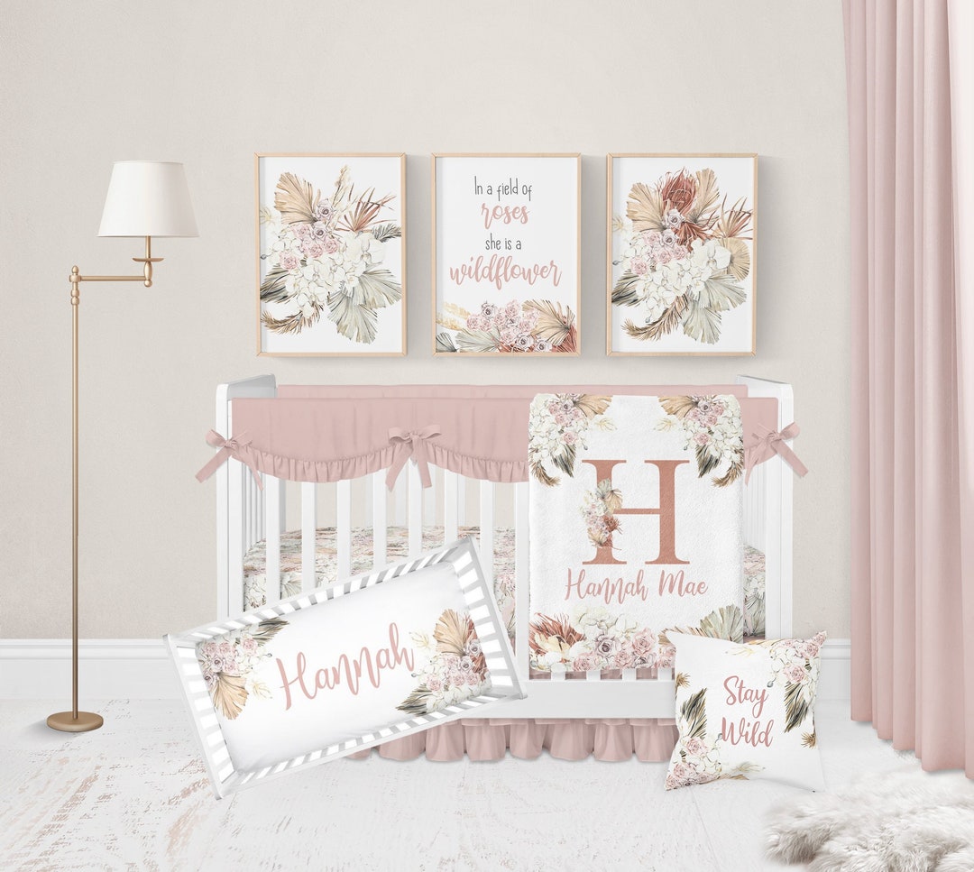 Boho Crib Bedding Set Girl, Baby Girl Crib Bedding, Floral Crib Bedding