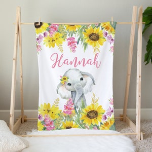 Personalized Floral Elephant Baby Blanket, Sunflower Baby Blanket, Baby Girl Blanket, Baby Shower Gift, Baby Name Blanket, Elephant Nursery