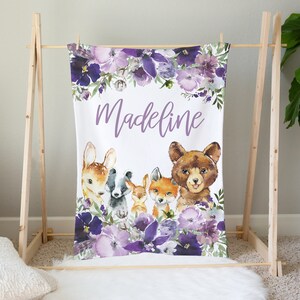 Personalized Woodland Baby Blanket, Purple Floral Baby Blanket, Baby Girl Blanket, Baby Shower Gift, Woodland Crib Bedding, Woodland Nursery