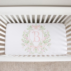Baby Girl Crib Sheets, Pink And Green Crib Bedding Girl, Grandmillennial Nursery Decor, Personalized Crib Set, Bow Baby Bedding Crib Sets
