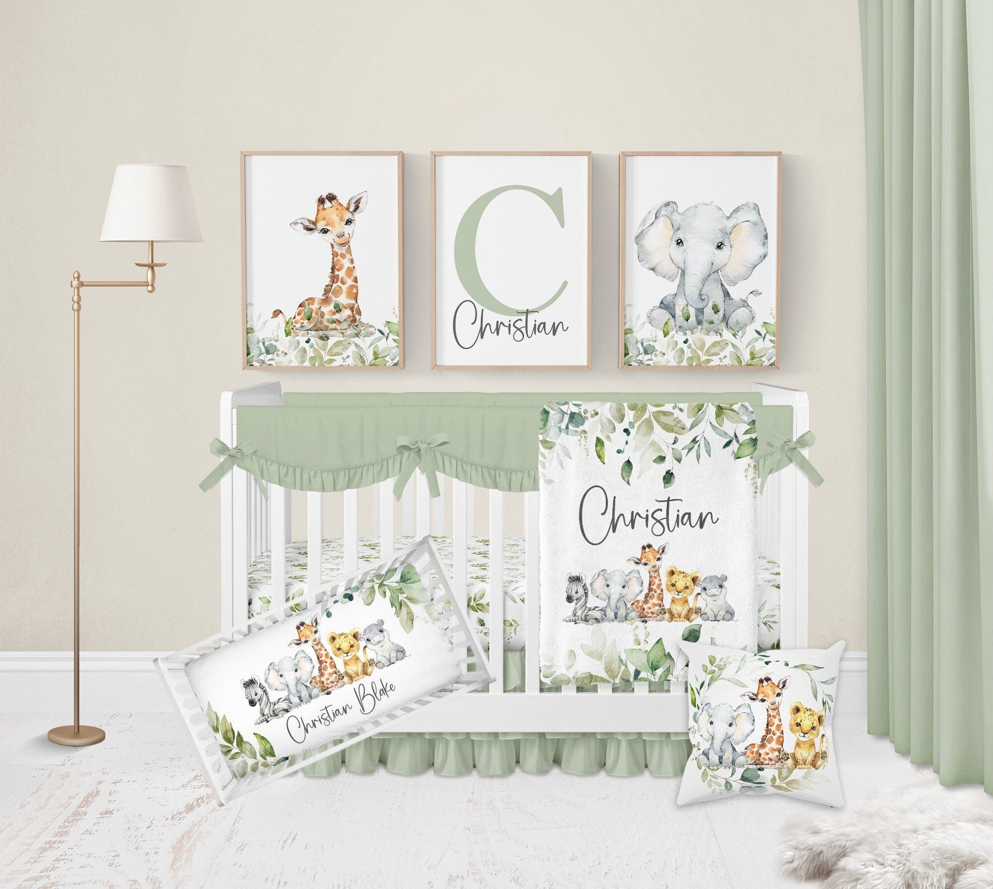 Safari Crib Bedding Set, Baby Boy Crib Bedding, Boy Safari Nursery, Personalized Safari Baby Blanket, Elephant, Giraffe, Safari Animal Baby
