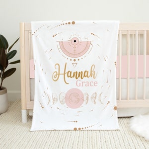 Personalized Moon Baby Blanket, Baby Girl Blanket, Baby Shower Gift, Moon Stars Nursery, Moon Crib Bedding Celestial, Pink Girl Crib Bedding