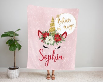 Pink Magical Unicorn Blanket, Personalized Christmas Blanket, Child Blanket, Christmas Gifts, Custom Name Blanket, Warm Cozy Girls Blanket