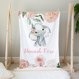 Elephant Baby Blanket, Personalized Baby Girl Blanket, Pink Floral Baby Blanket, Elephant Crib Bedding, Baby Name Blanket, Baby Shower Gift