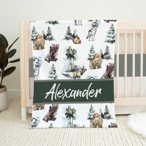 Personalized Woodland Baby Blanket, Forest Baby Blanket, Baby Name Blanket, Personalized Baby Boy Blanket, Woodland Crib Bedding, Bear, Fox