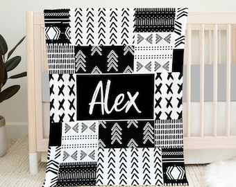 Personalized Black And White Baby Blanket, Gender Neutral Baby Blanket, Baby Boy Blanket, Black And White Crib Bedding, Name Blanket, Boho