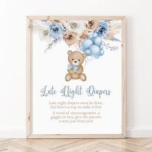 Late Night Windeln Zeichen, Teddy Bär Baby Shower Zeichen Boy, Boho Baby Shower Aktivität Spiel Zeichen Printable, Teddy Bär Baby Shower Decor BTB1