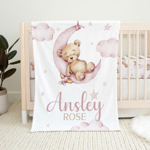 Personalized Teddy Bear Baby Blanket, Baby Girl Blanket, Teddy Bear Nursery, Baby Shower Gift, Teddy Bear Crib Bedding, Pink Baby Blanket