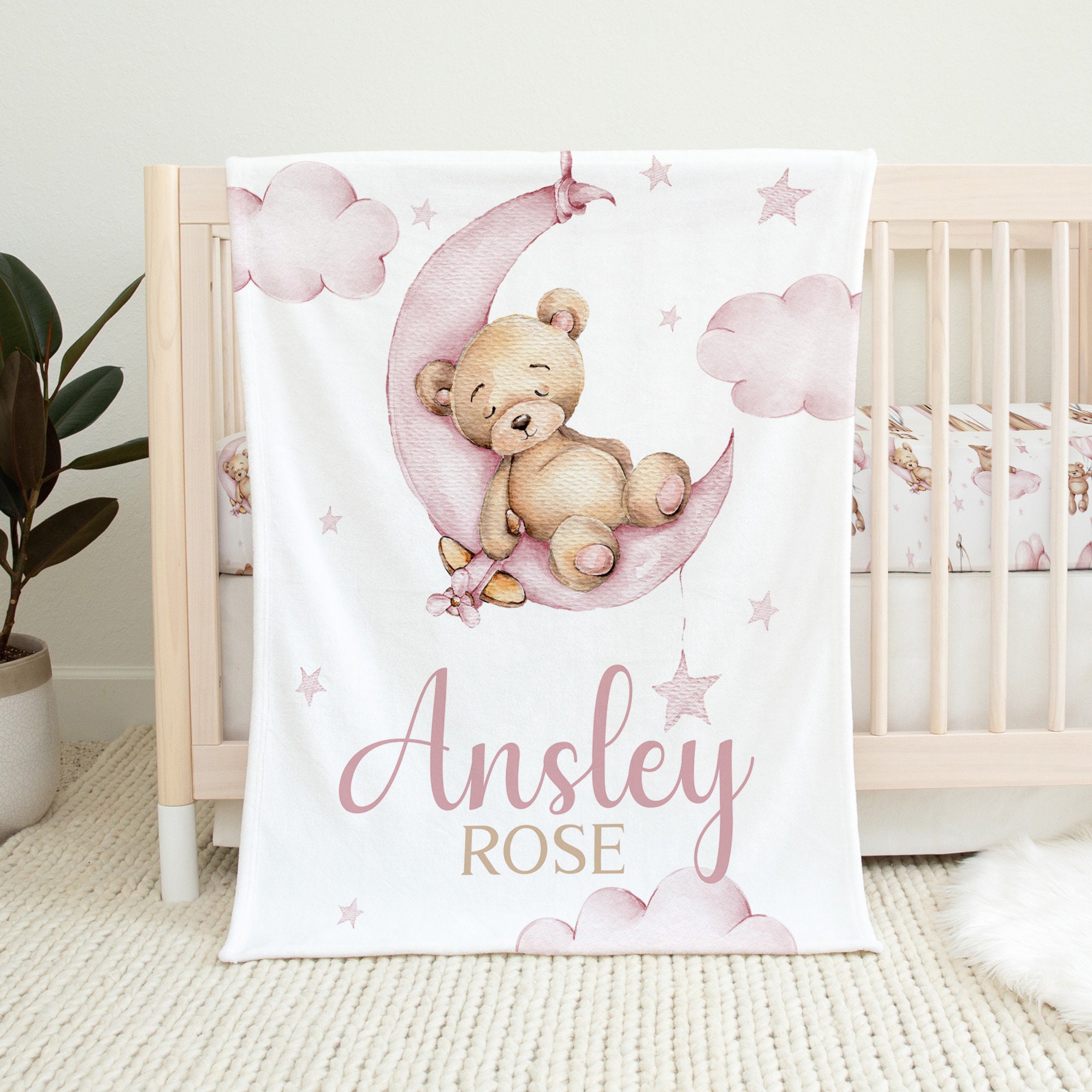 Personalisierte Teddybar Baby Decke Baby Madchen Decke Teddy Bar Kinderzimmer Baby Dusche Geschenk Teddybar Krippe Bettwasche rosa Baby Decke Etsy