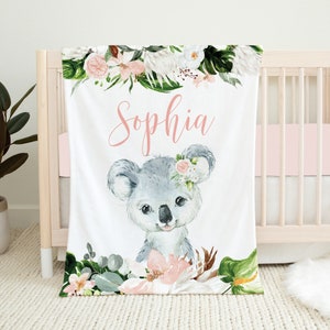 Personalized Koala Baby Blanket, Koala Crib Bedding, Baby Girl Blanket, Baby Name Blanket, Baby Shower Gift, Koala Bear Safari Baby Blanket
