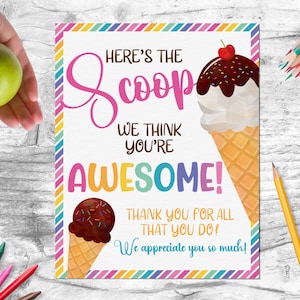 Here&#39;s The Scoop Teacher Appreciation Week Printable, Ice Cream Sign, Staff Appreciation Week Sign, Instant Download, Employee, Nurse, PTO