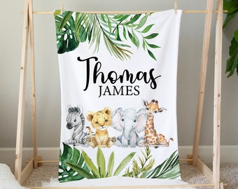 Personalisierte Safari Baby-Decke, Safari-Tiere, Safari-Kinderzimmer, Baby-Decke, Baby-Dusche-Geschenk, Elefant, Giraffe, Safari-Krippenbettwäsche
