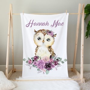 Personalized Owl Blanket, Purple Floral Baby Blanket, Purple Floral Owl Blanket, Baby Shower Gift, Baby Girl Blanket, Baby Name Blanket