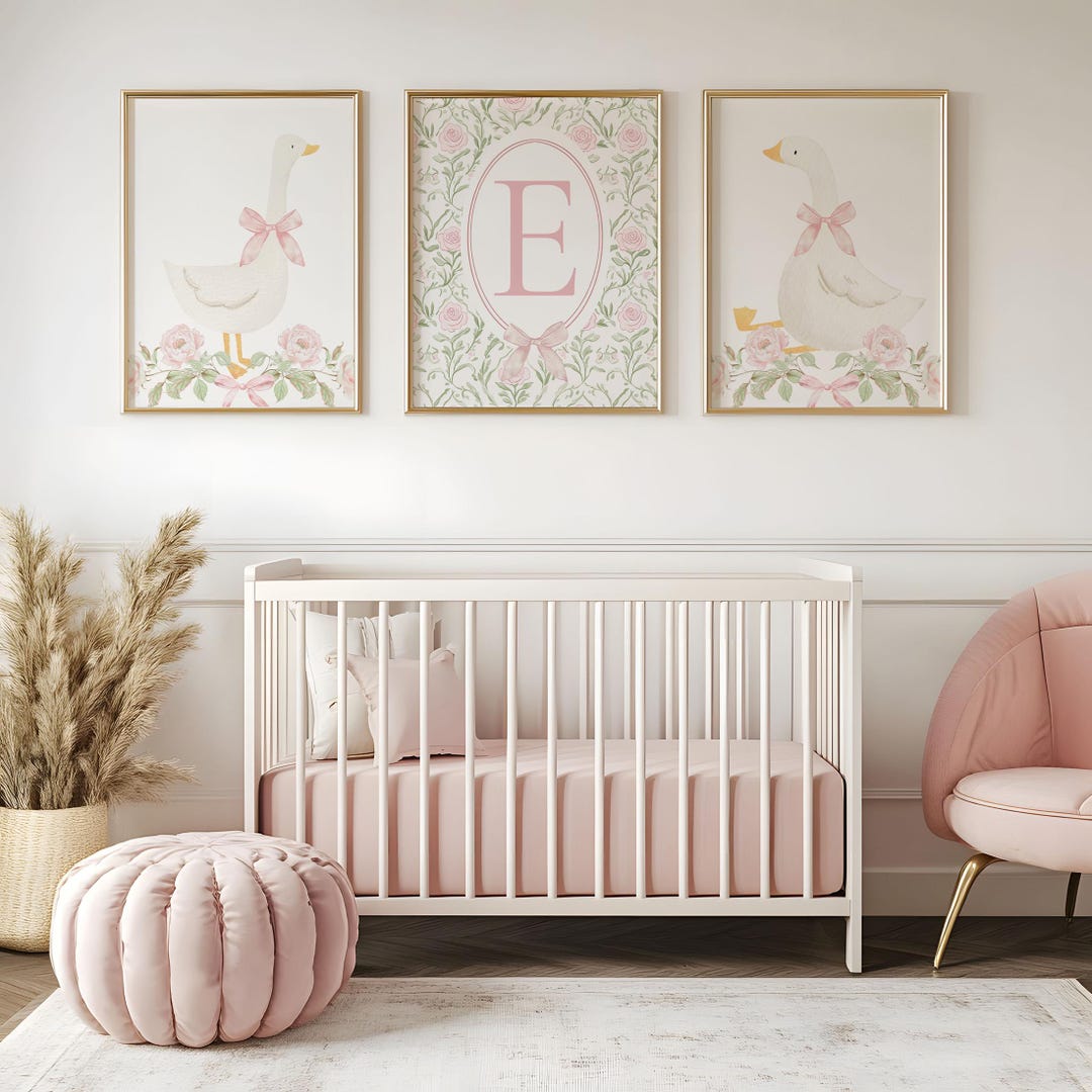 Pink Goose Nursery Decor Prints, Custom Pink and Green Floral Wall Art ...