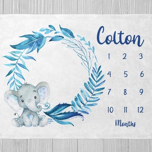 Elephant Milestone Blanket, Boy Milestone Blanket, Baby Shower Gift, Safari Milestone, Baby Month Blanket, Personalized Baby Blanket Blue