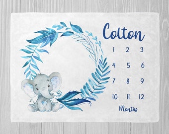 Elephant Milestone Blanket, Boy Milestone Blanket, Baby Shower Gift, Safari Milestone, Baby Month Blanket, Personalized Baby Blanket Blue