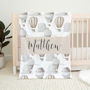 Personalized Baby Boy Blanket, Hot Air Balloon Baby Blanket, Baby Shower Gift, Neutral Nursery, Hot Air Balloon Crib Bedding, Neutral Baby