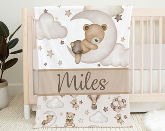 Personalized Teddy Bear Baby Blanket, Teddy Bear Crib Bedding, Baby Boy Blanket, Baby Shower Gift, Moon And Stars Crib, Neutral Baby Blanket