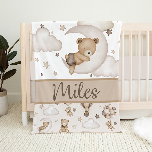 Personalisierte Teddybär Baby Decke, Teddybär Krippe Bettwäsche, Baby Junge Decke, Baby-Dusche-Geschenk, Mond und Sterne Krippe, neutrale Baby Decke