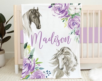 Personalized Horse Baby Blanket, Baby Girl Blanket, Horse Bedding, Baby Shower Gift, Horse Nursery, Purple Crib Bedding, Custom Baby Gift