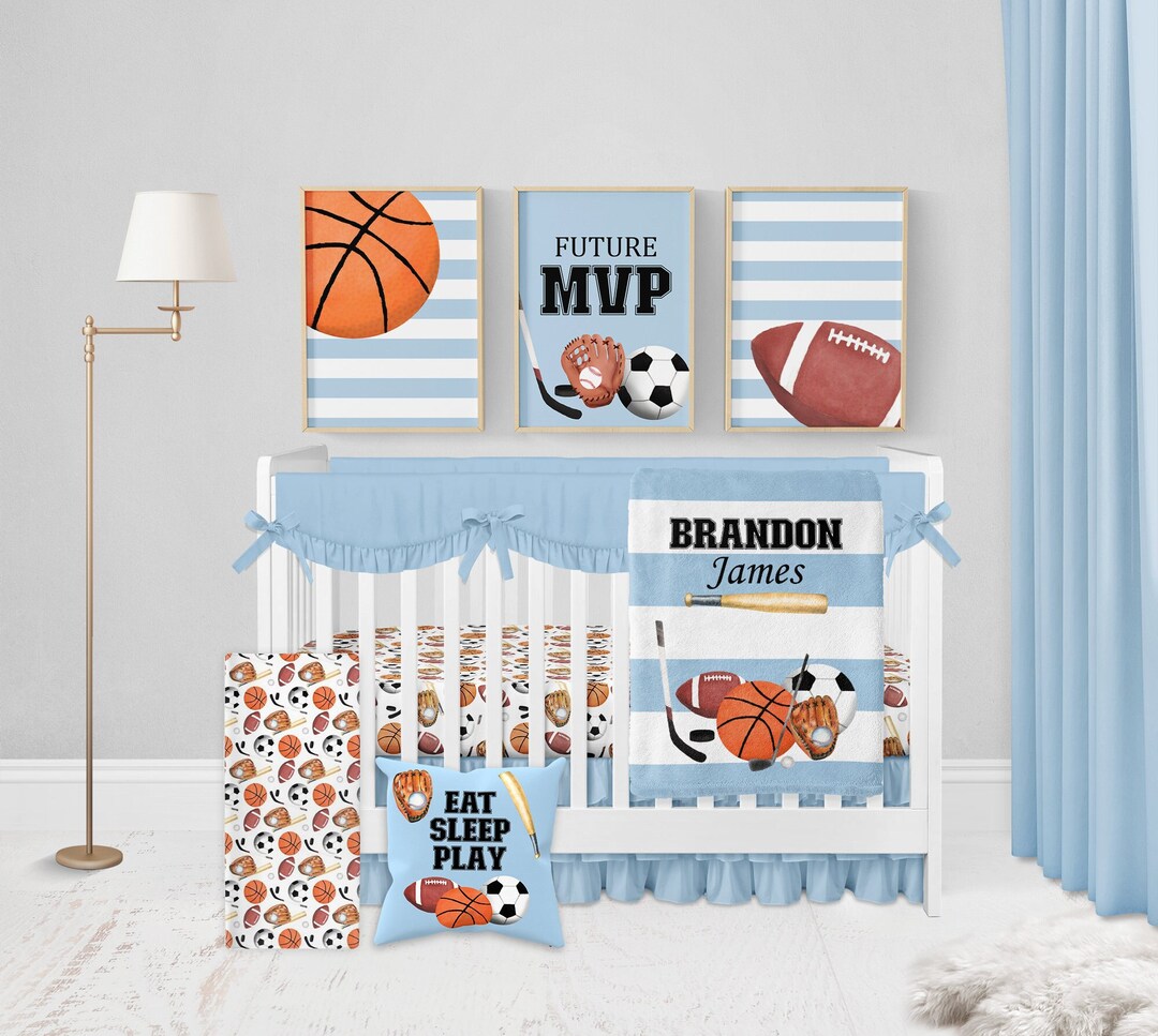 Baby Boy Crib Bedding Set Sports Crib Bedding Blue Crib Bedding Boy Nursery Bedding Crib Sheets Boy Sports Nursery Football Baseball Etsy Canada
