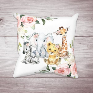 Safari Animal Nursery Pillow, Safari Nursery Pillow, Pink Floral, Safari Crib Bedding, Safari Pillow, Safari Bedding, Girl Bedding, Elephant