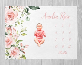 Rosa Meilenstein-Decke, Baby-Meilenstein, Baby-Dusche-Geschenk, monatliches Wachstums-Decke, personalisierte Baby-Decke, Blumen-Baby-Decke