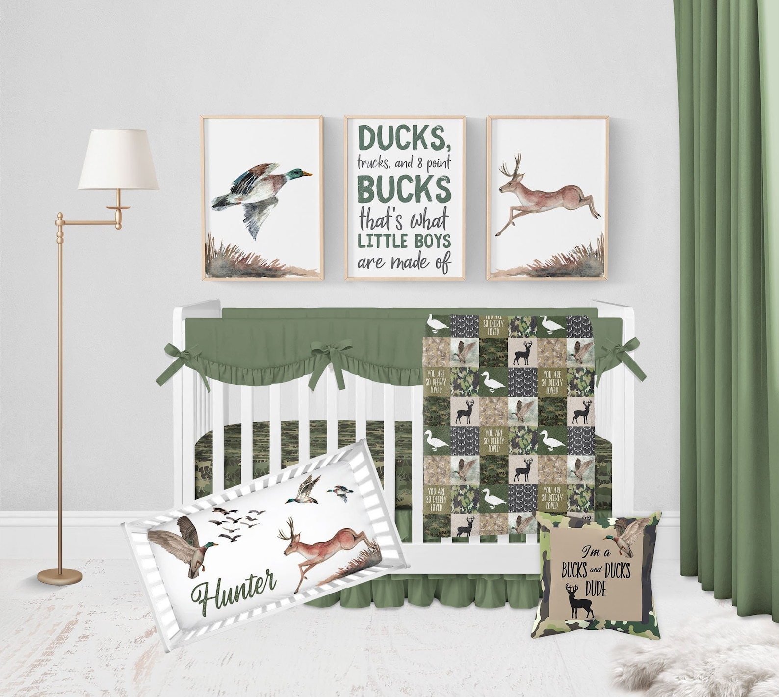 Buck Baby Bedding, Boy Deer Quilt, Mint Baby Quilt, Gray, Deer Baby Be
