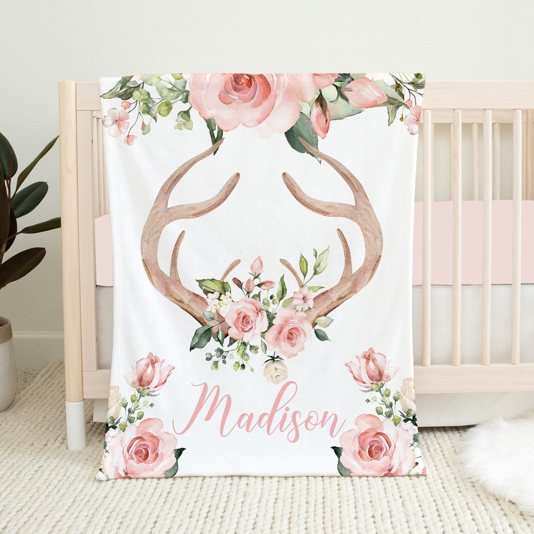 Personalized Deer Baby Blanket, Baby Girl Blanket, Pink Floral Deer